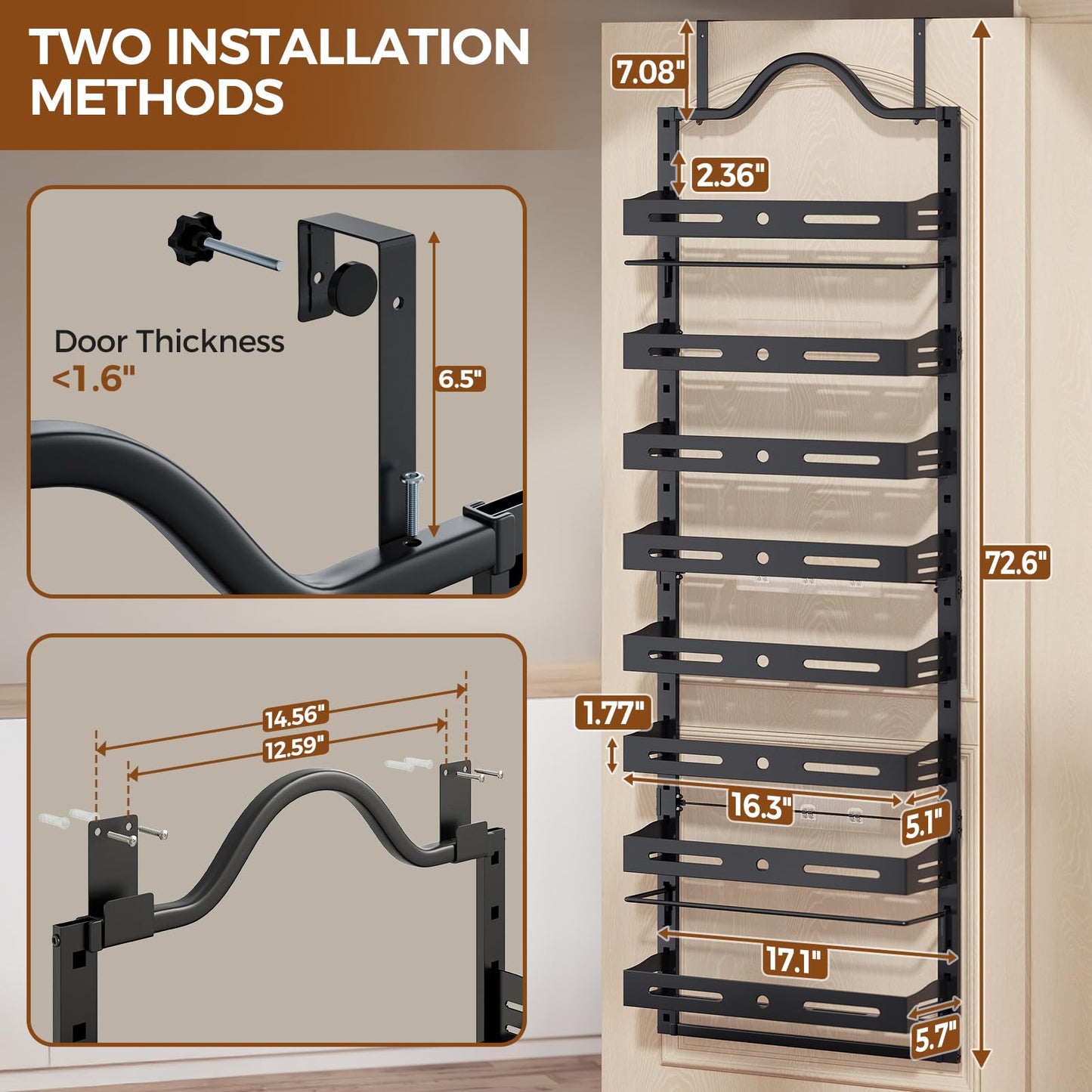 8-Tier Over The Door Pantry Organizer Pantry Organization and Storage with Adjustable Basket, Door Spice Rack for Kitchen, Bathroom (Black, 8-Tier (17.1"W x 5.7"D x 72.6"H))