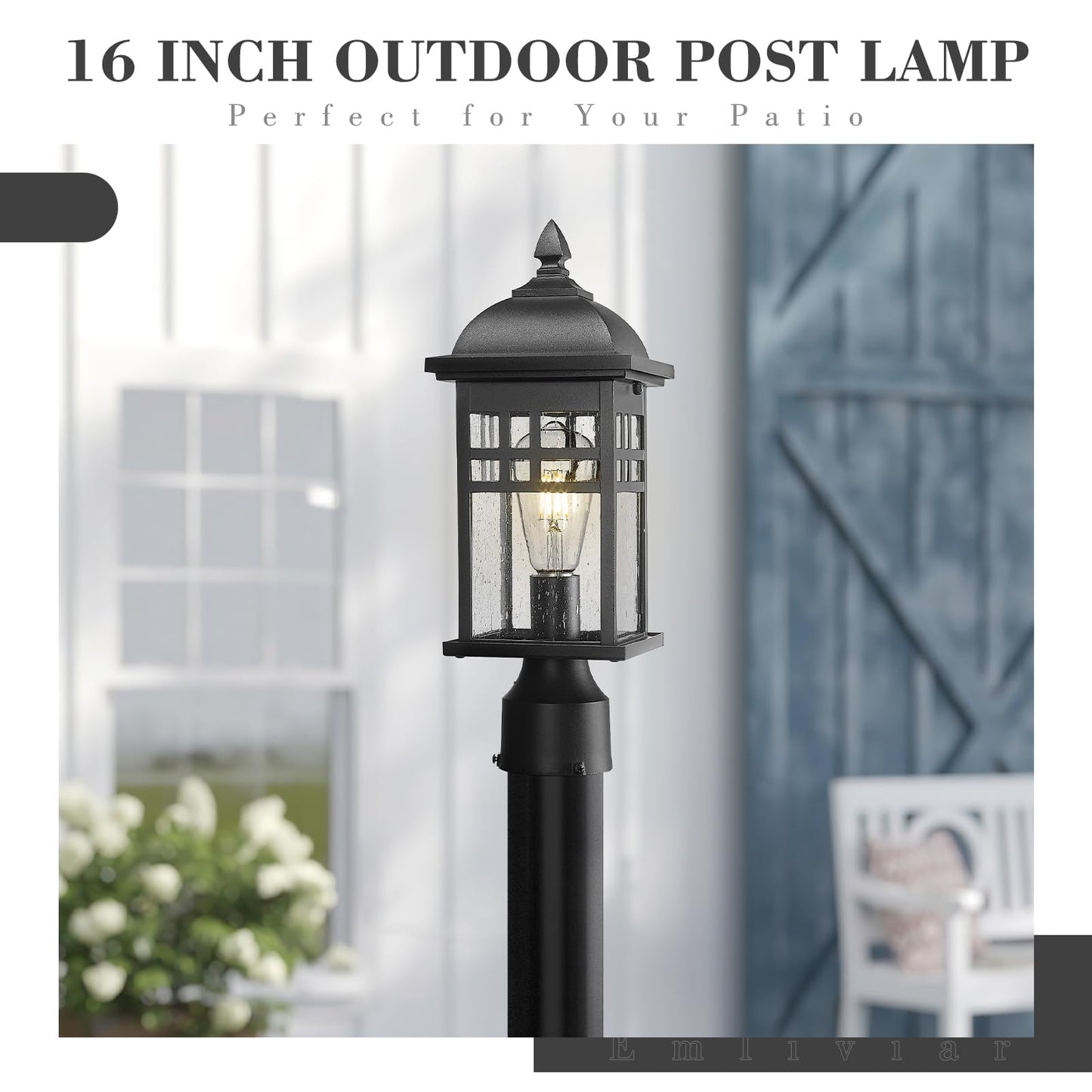 EMLIVIAR Farmhouse Outdoor Post Light for Fence, 1-Light Exterior Post Lamp for Patio Porch with Seeded Glass, 16" Height in Black Finish, DE279P BK