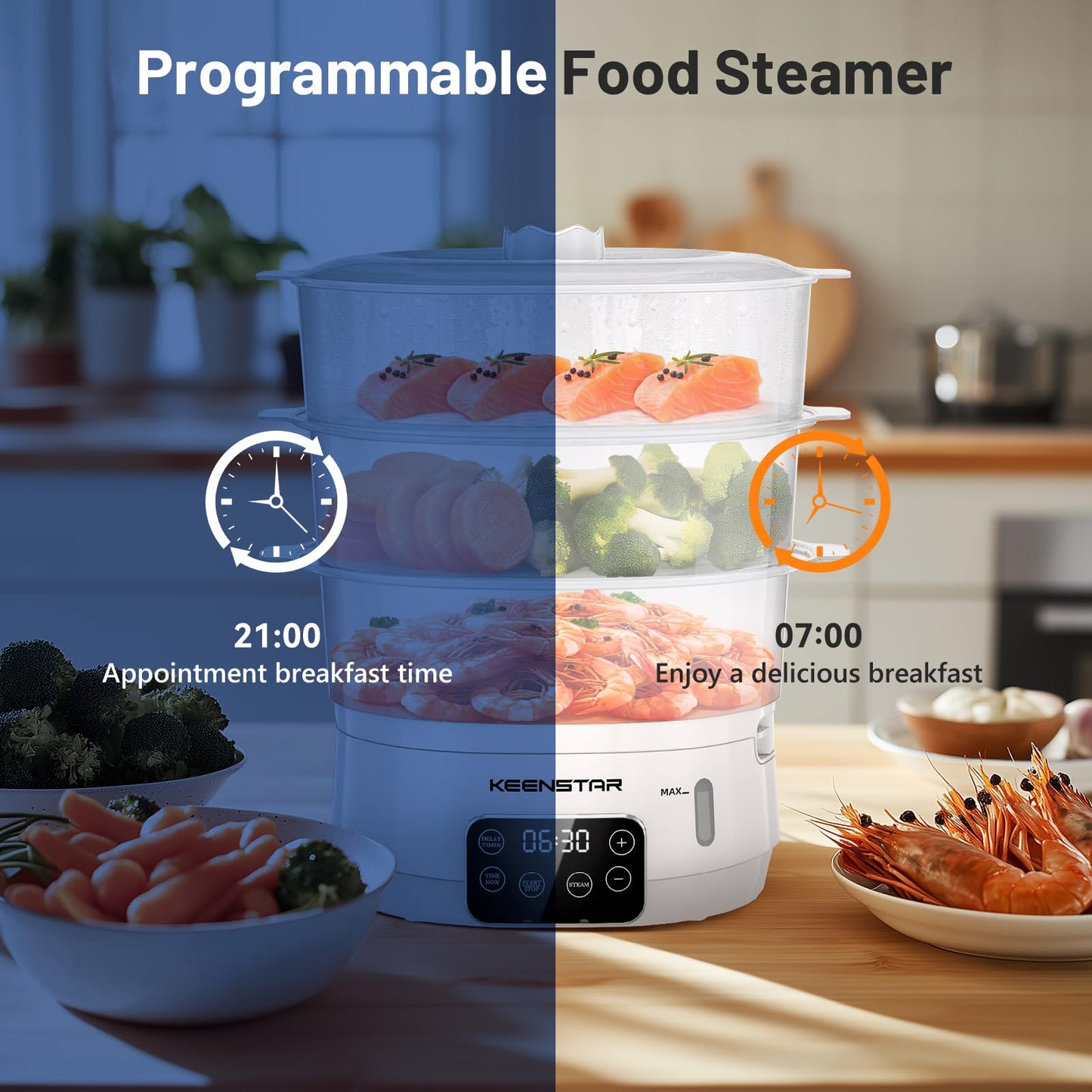 Electric Food Steamer, 13.7QT Vegetable Steamer with 3 Tiers BPA-Free Baskets, Digital Steamer with Appointment and Timer, 800W Simultaneous Cooking, Ideal for Veggies Seafood Rice White