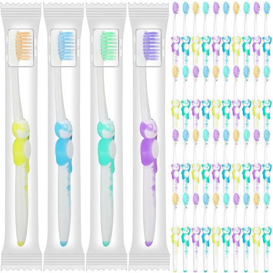 100Pcs Kids Toothbrushes Bulk, Disposable Manual Toothbrushes Individually Wrapped Soft Children Toothbrushes with Rubber Handle for School Travel Home(4 colors)