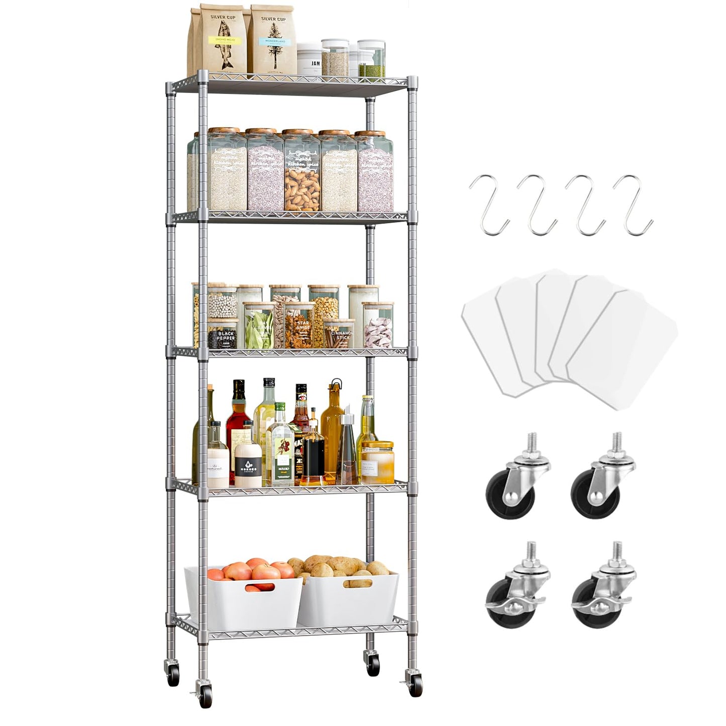 5 Tier Shelving Unit Adjustable Storage Shelf Metal Storage Rack Wire Storage Shelves with Heavy-Duty Rubber Metal Wheels for Laundry Bathroom Kitchen Pantry Closet (Silvery, 5 Tier)