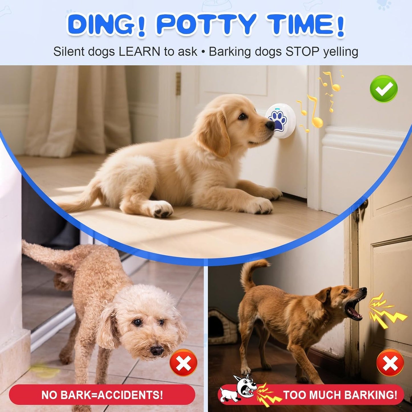 ChunHee Smart Dog Door Bell for Potty Training to Go Outside, Wireless Doggie DoorBell for Dogs, Doggy Bells Waterproof Touch Button and Adjustable Volume(2 Dog Buttons)