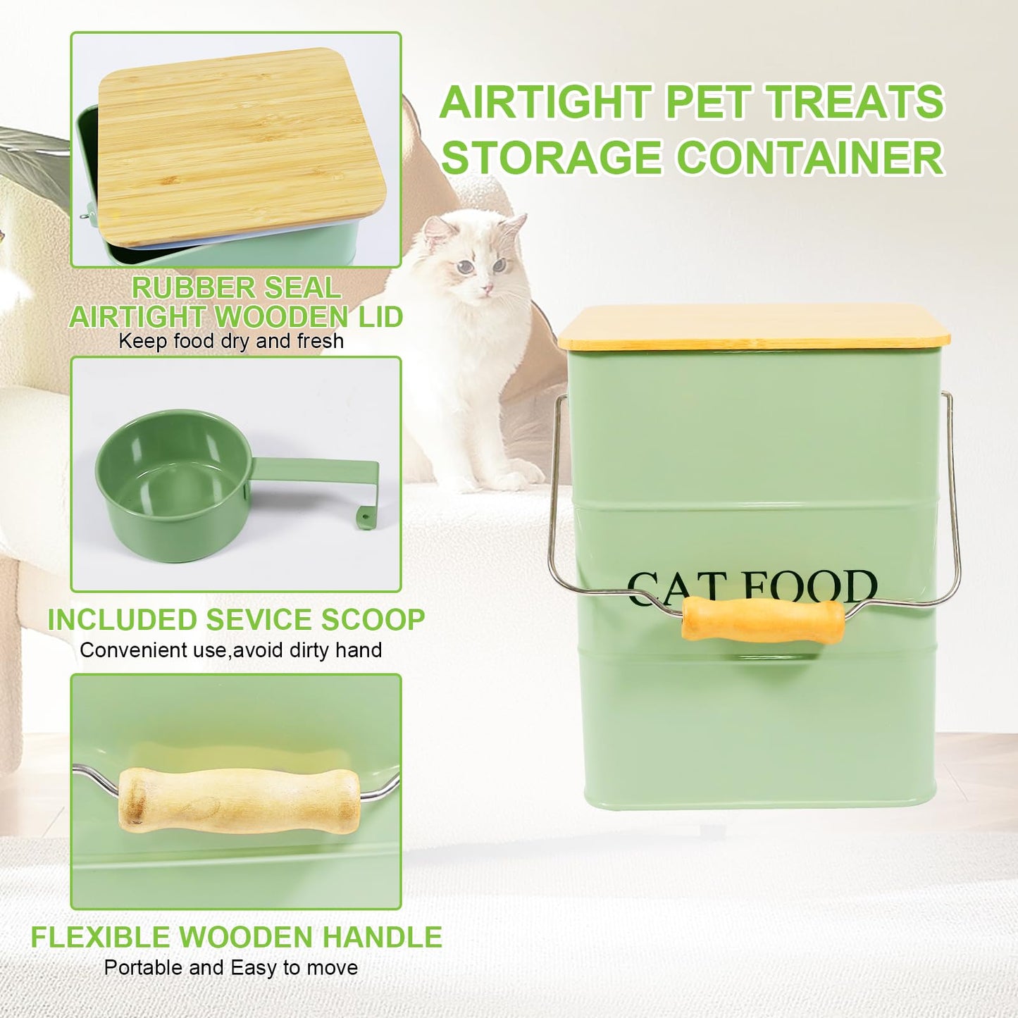 Brabtod Cat Food storage container Cat Treats Jar, Metal food treats tin for Cat, pet snacks Canisters with wooden lid/handle/sevice scoop,hold 5-6 lbs-Green