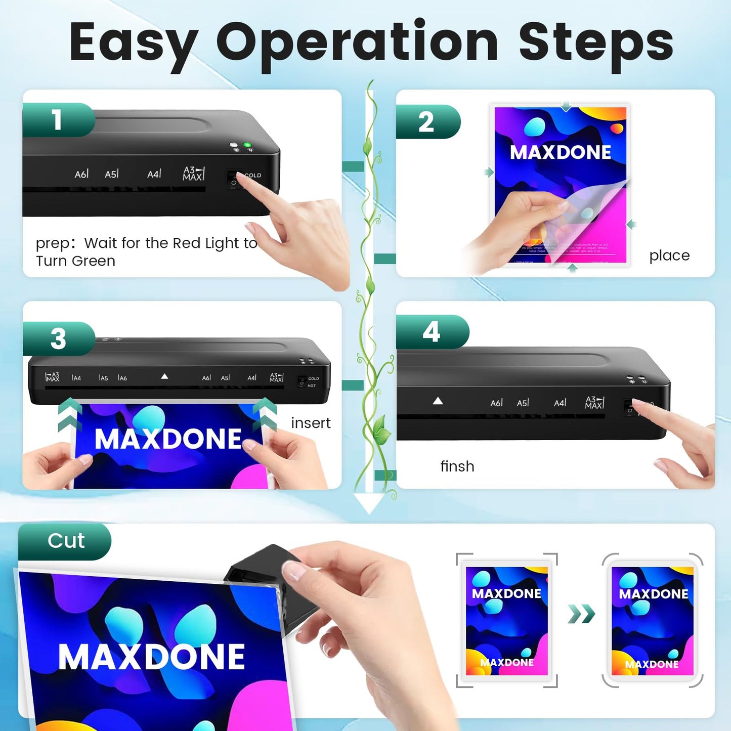 MAXDONE Laminator Machine A3/A4/A5/A6 - 13 Inch Cold Thermal Laminator with Cutter, Corner Rounder, 30 Laminating Sheets - BLM00132