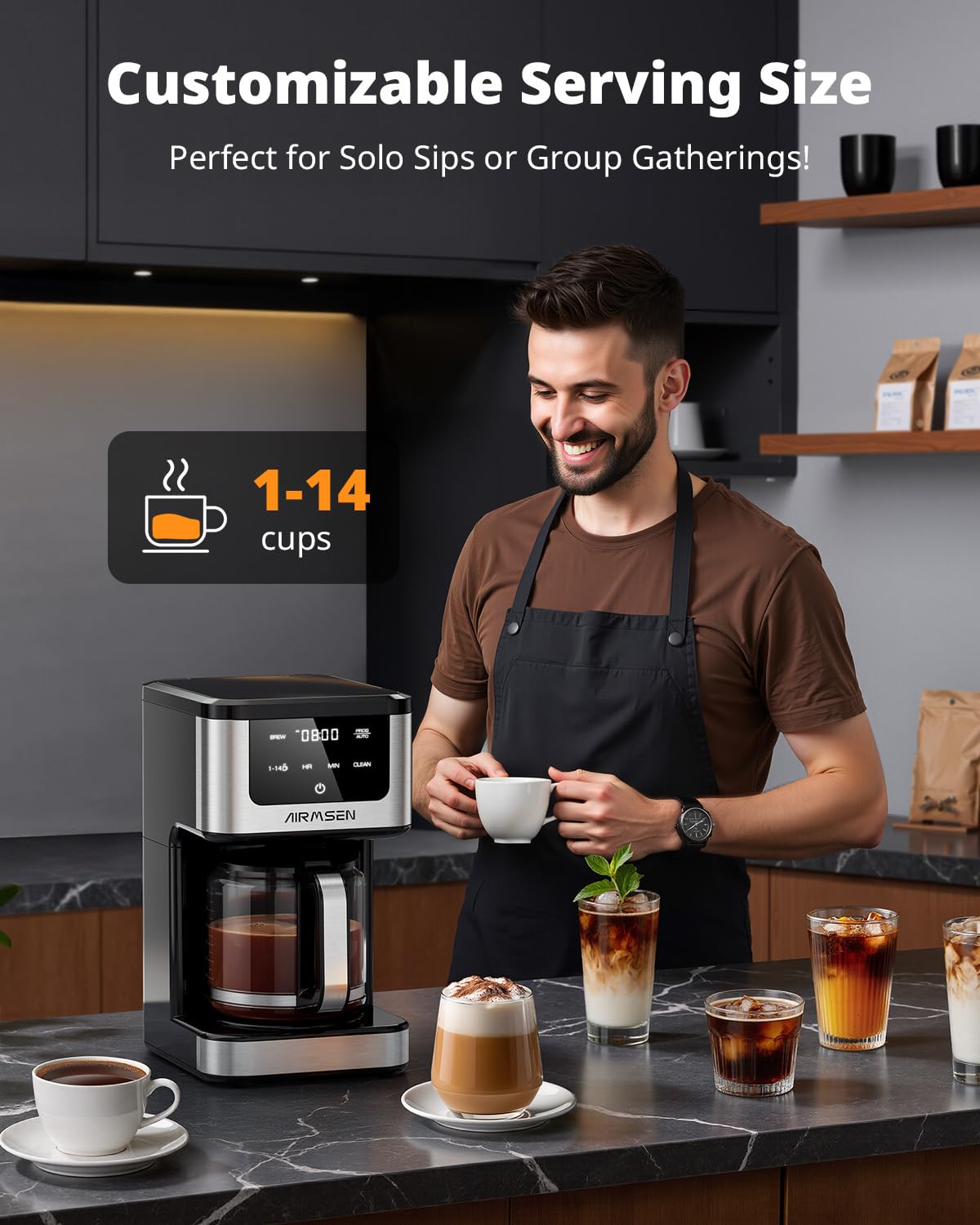 AIRMSEN 14-Cup Programmable Drip Coffee Maker – 1000W Fast Brewing Coffee Machine with Timer, Delay Start & 2H Keep-Warm, 73oz Tank, Touchscreen & Glass Carafe – Perfect for Home & Office Use