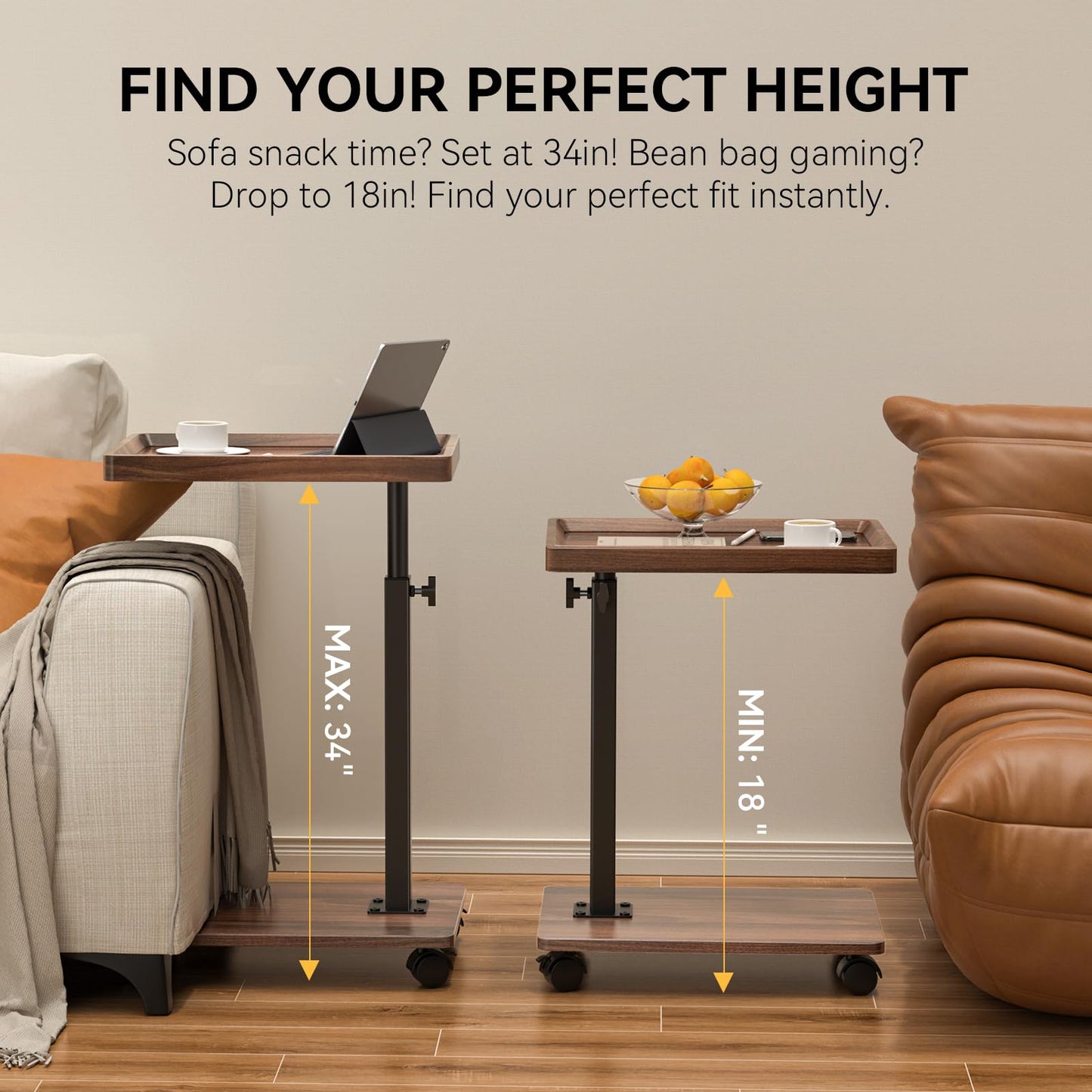C Shaped End Table Adjustable Height, 360°Swivel TV Tray Table for Small Spaces, Rolling Couch Side Tables for Living Room, Bedroom, Bedside, Chair, Sofa, Snack (Walnut Brown)