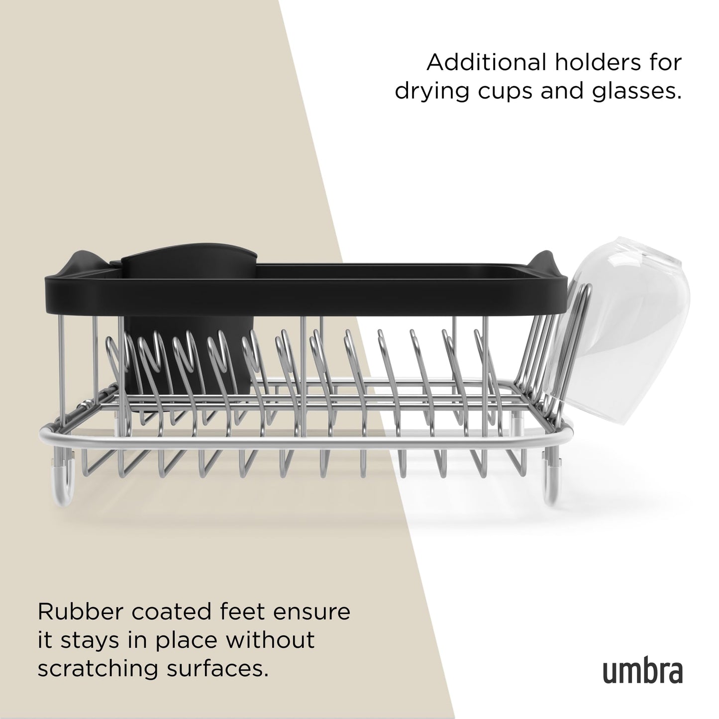 Umbra Sinkin Dish Drying Rack – Drainer with Cup Holders and Removable Cutlery Caddy – Use Over Sink, in Sink, or On Counter, Deluxe, Black/Nickel