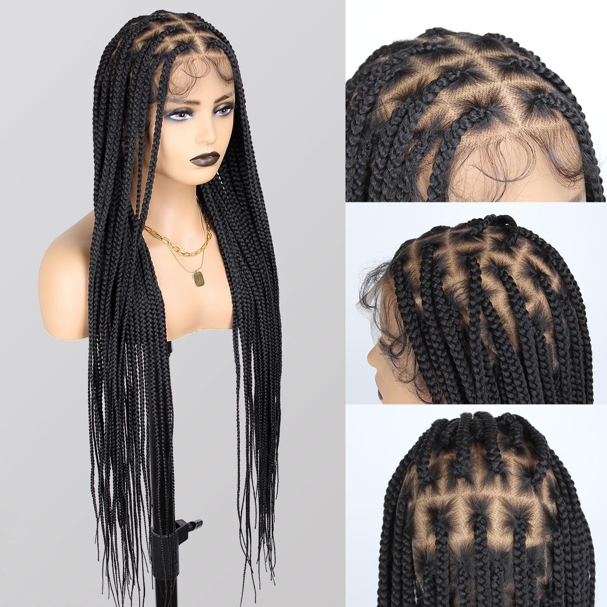 QUISDUIS 36" 360° HD Single-layer Full Lace Braided Wigs for Black Women, Square Knotless Box Braid Wig with Baby Hair Handmade Synthetic Hair Blended Lace Front Wig Natural Black