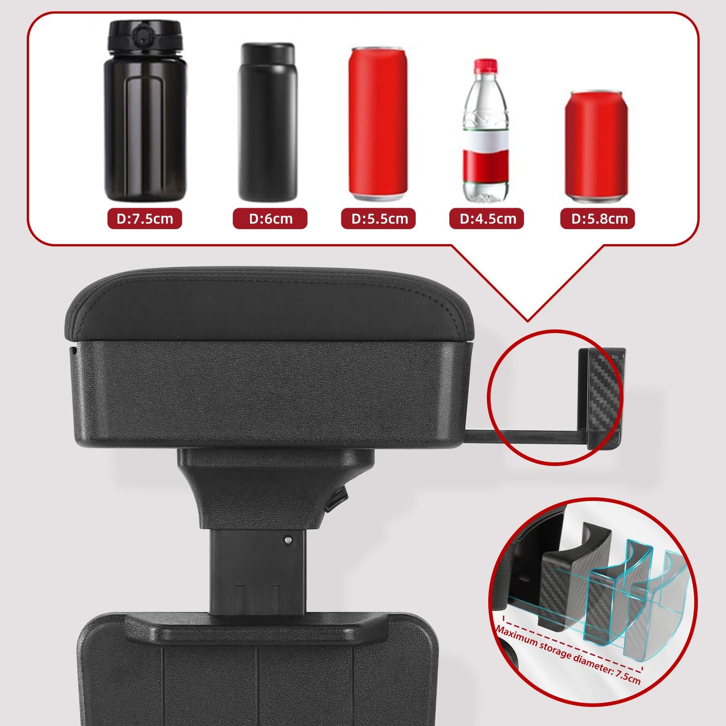 Car Armrest Storage Box with Cup Holder, Adjustable Height Elbow Support Arm Rest Box Pad, Center Console Organizer for Most Vehicles