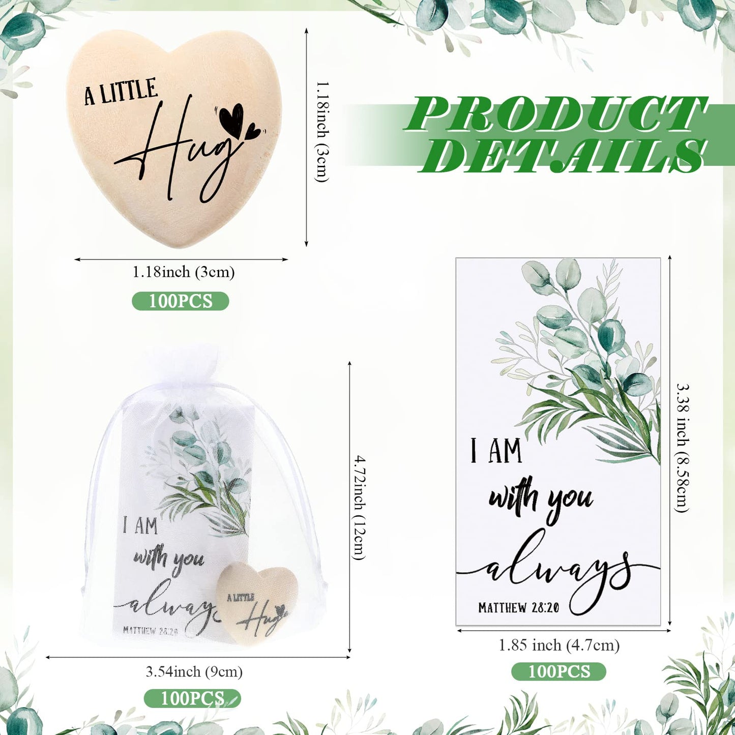 Bucherry 100 Sets Wooden Heart Pocket Hug Token with Bible Hug Card Organza Bag Bulk Student Pocket Reminder Keepsake Heart Charm for Family Friend Colleagues
