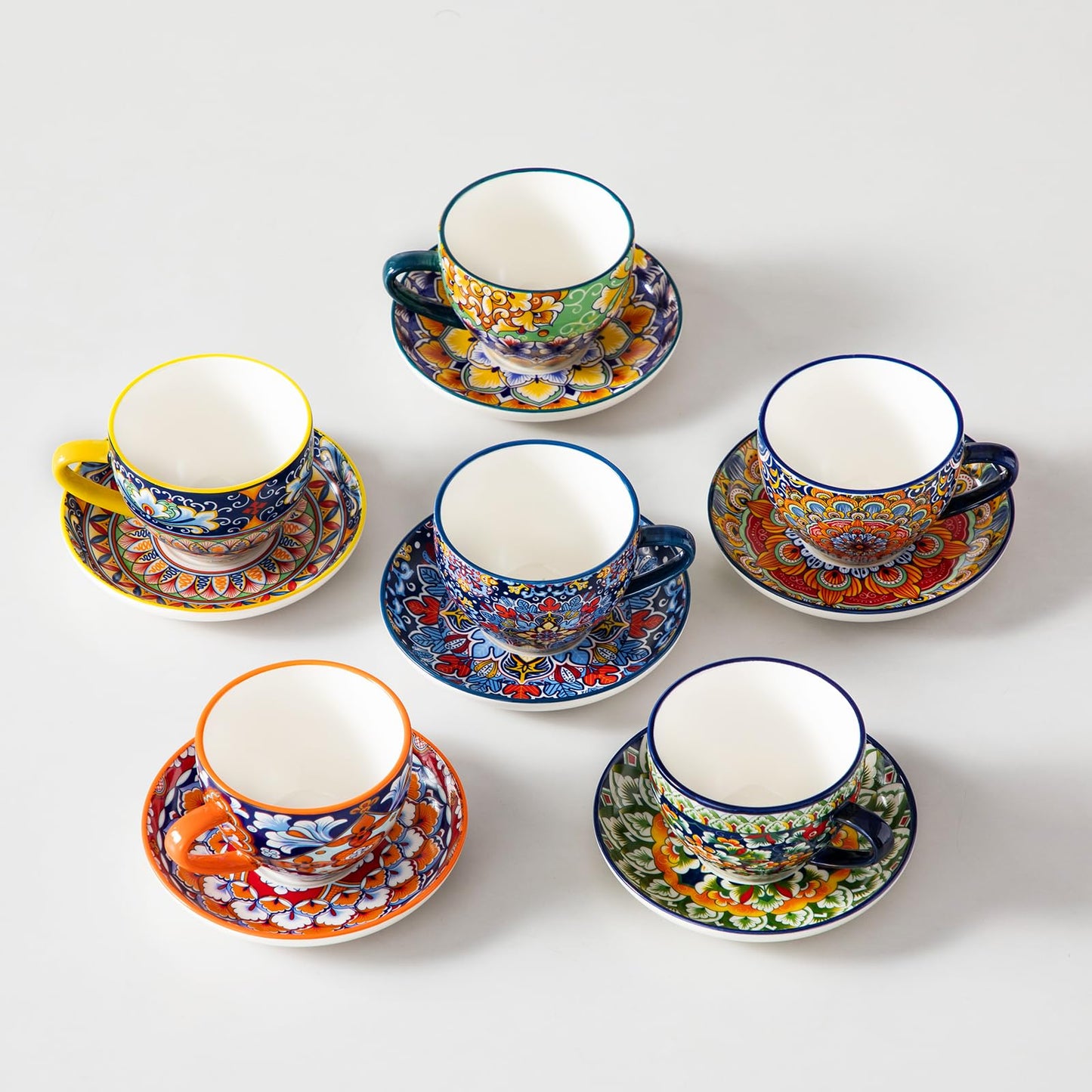 vancasso 8 oz Cappuccino Cups with Saucers Set of 6, Bohemian Ceramic Coffee Cup for Latte, Espresso, Microwave & Dishwasher Safe - Porcelain Latte Mugs for Cafe