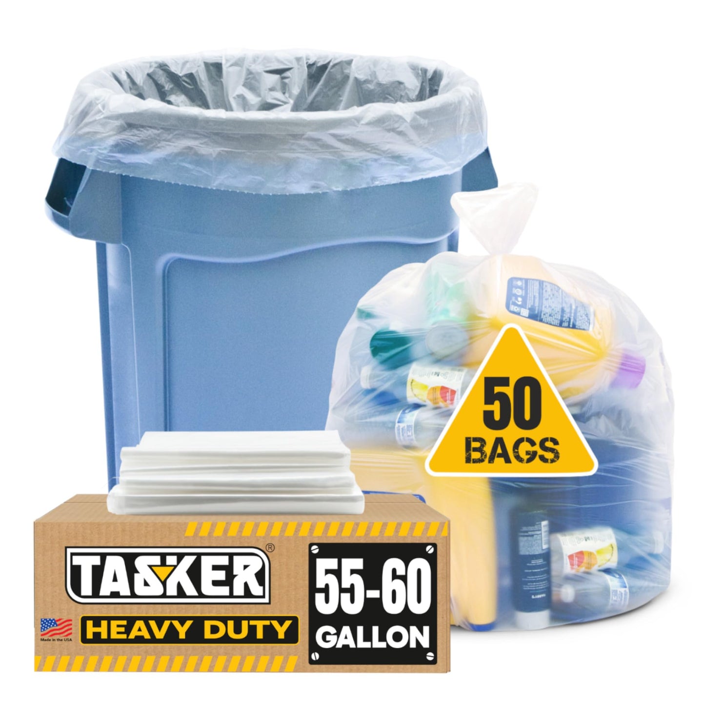 55 Gallon Clear Trash Bags, (50 Bags w/Ties) Large Clear Plastic Recycling Garbage Bags