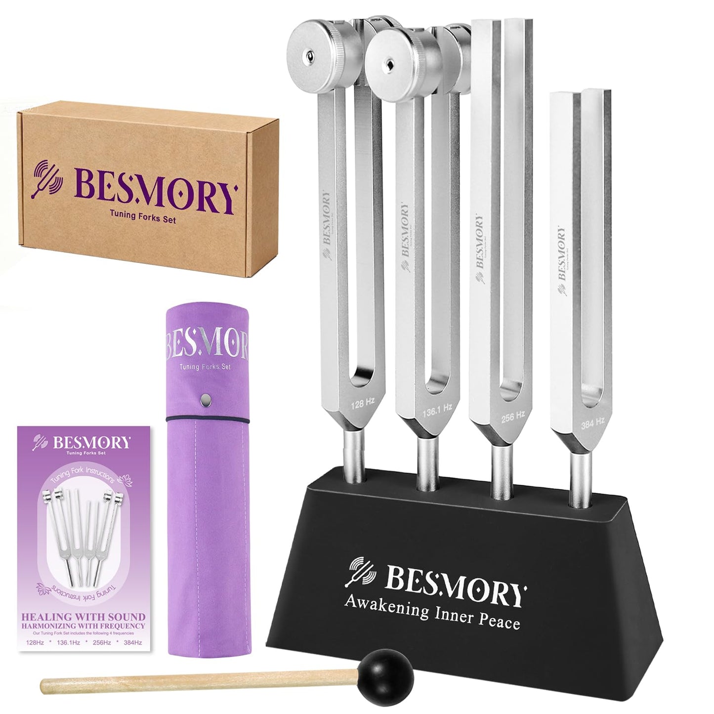 Tuning Forks for Healing(128Hz,136Hz,256Hz,384Hz),Sound Healing Instruments with Mallet and Stand Activator,Tuning Forks for Meditation,Yoga,Chakra Balancing&Deep Relaxation