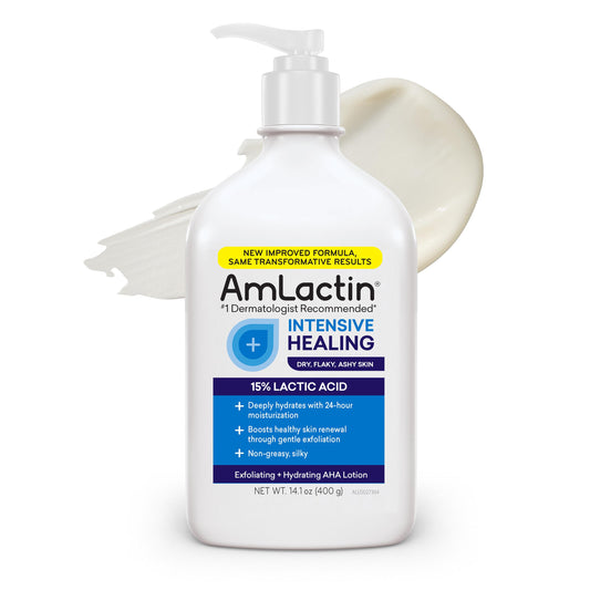 AmLactin Rapid Relief Restoring Lotion + Ceramides | 24-Hour Dryness Relief | Powerful Alpha-Hydroxy Therapy Gently Exfoliates | Lactic Acid (AHA) | Restores Rough Flaky Dry Skin | 14.1 oz. with Pump