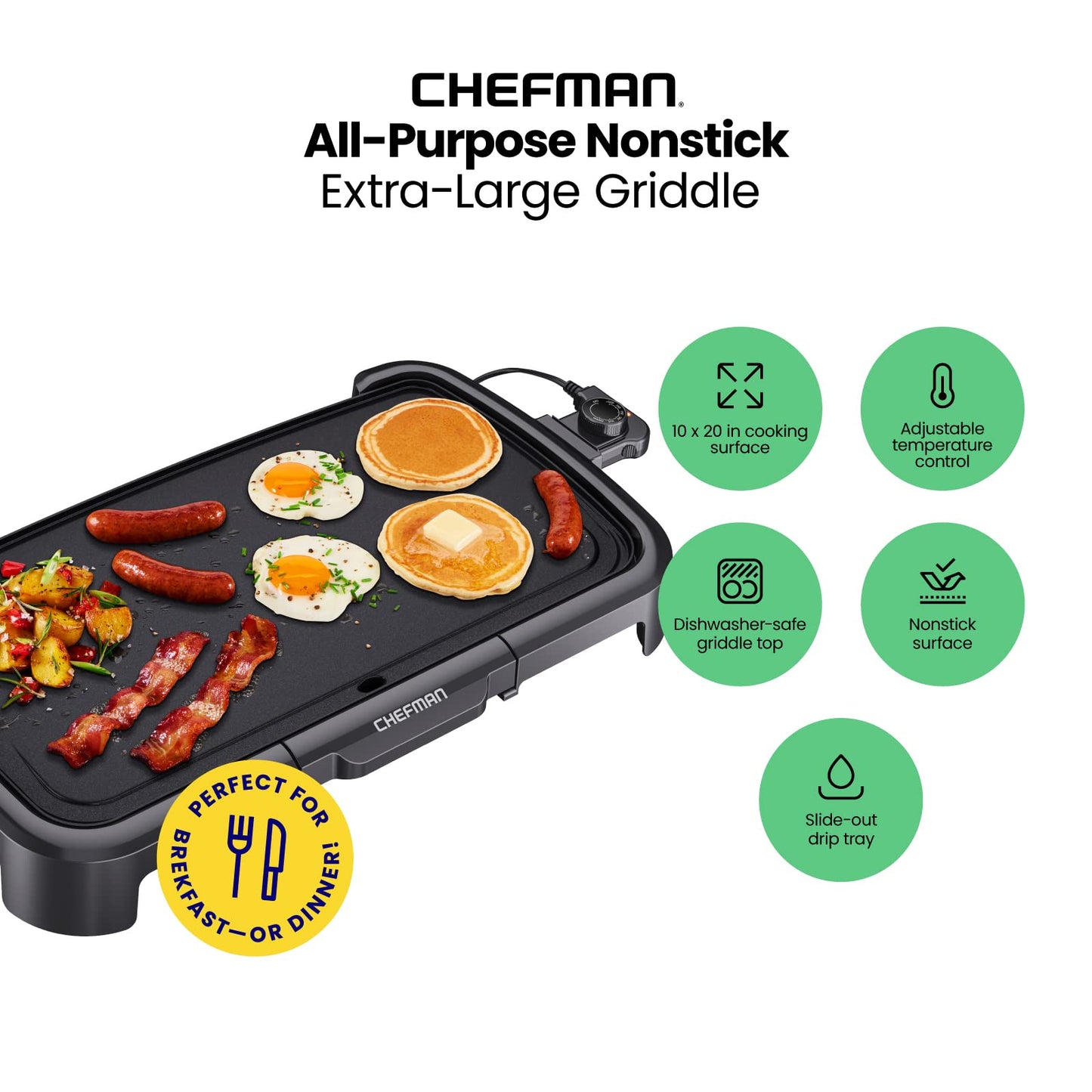 Chefman XL Electric Griddle with Removable Temperature Control, Immersible Flat Top Grill, Burger, Eggs, Pancake Griddle, Nonstick Extra Large Cooking Surface, Slide Out Drip Tray, 25 x 51 CM