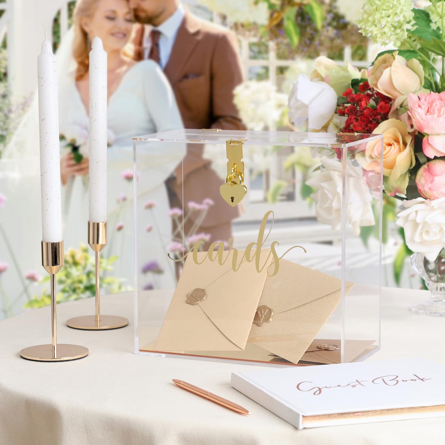 UNIQOOO Clear Acrylic Card Box w/Lock, Thick Wedding Box w/Slot Gold Foil Print, Large 10x10x5.5 in, for Reception Decoration Fundraiser Money Box Election Ballot Graduation Keepsake Party Favor