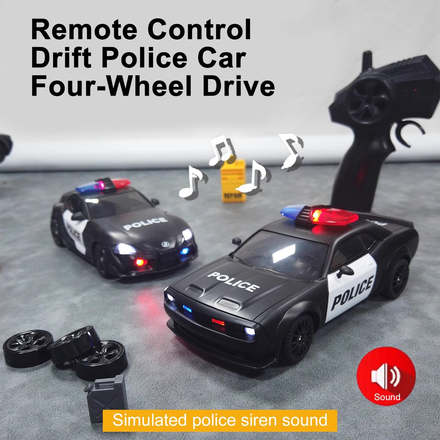 Hylukon RC Drift Car, 1:24 Scale Police Car Toy, 4WD RC Car Toy with Lights, Birthday Gift Ideas for Teens (2 Battery)