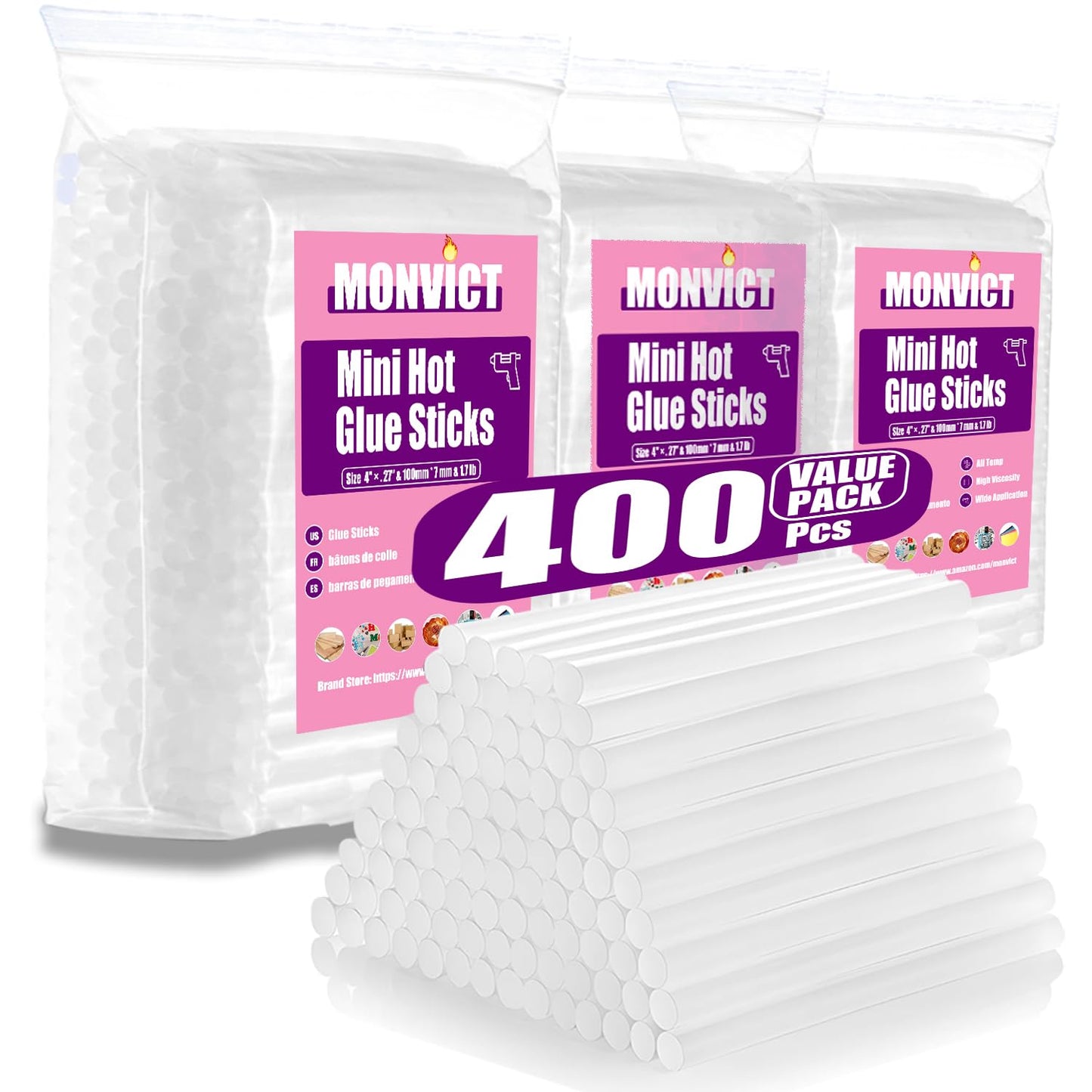 MONVICT 400 Pcs Glue Sticks, 0.27 in. Diameter, 4 in. Length - Mini High Adhesion Hot Melt Glue Sticks for Crafts, DIY, Repairs & School Projects - Fits Most Mini Glue Guns