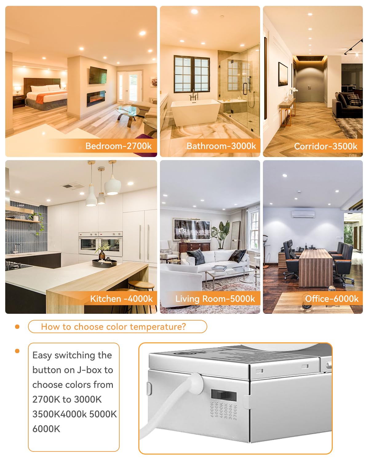 12 Pack 4 Inch 6CCT LED Recessed Pot Lights with Junction Box, Dimmable IC-Rated Ultra-Thin Ceiling Light, 2700K 3000K 3500K 4000K 5000K 6000K Color Changeable 9W 75W Eqv, 750LM