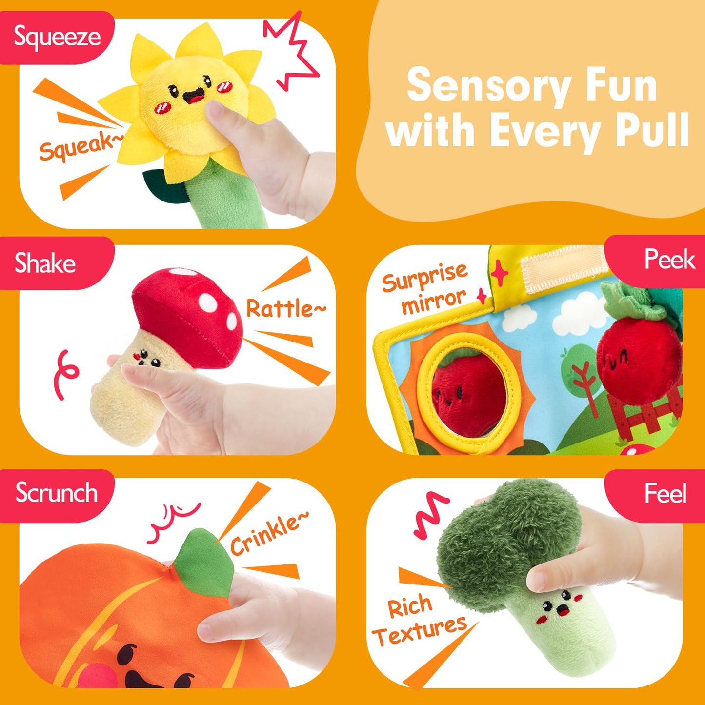 hahaland Baby Toys 6-12 Months - Fruits Vegetables Garden Plant Plush, 6 Month Old Toys Sensory Toy Carrot Flower with Rattles, Mirror, Squeaker, Textures, Crinkle Tissues for Babies