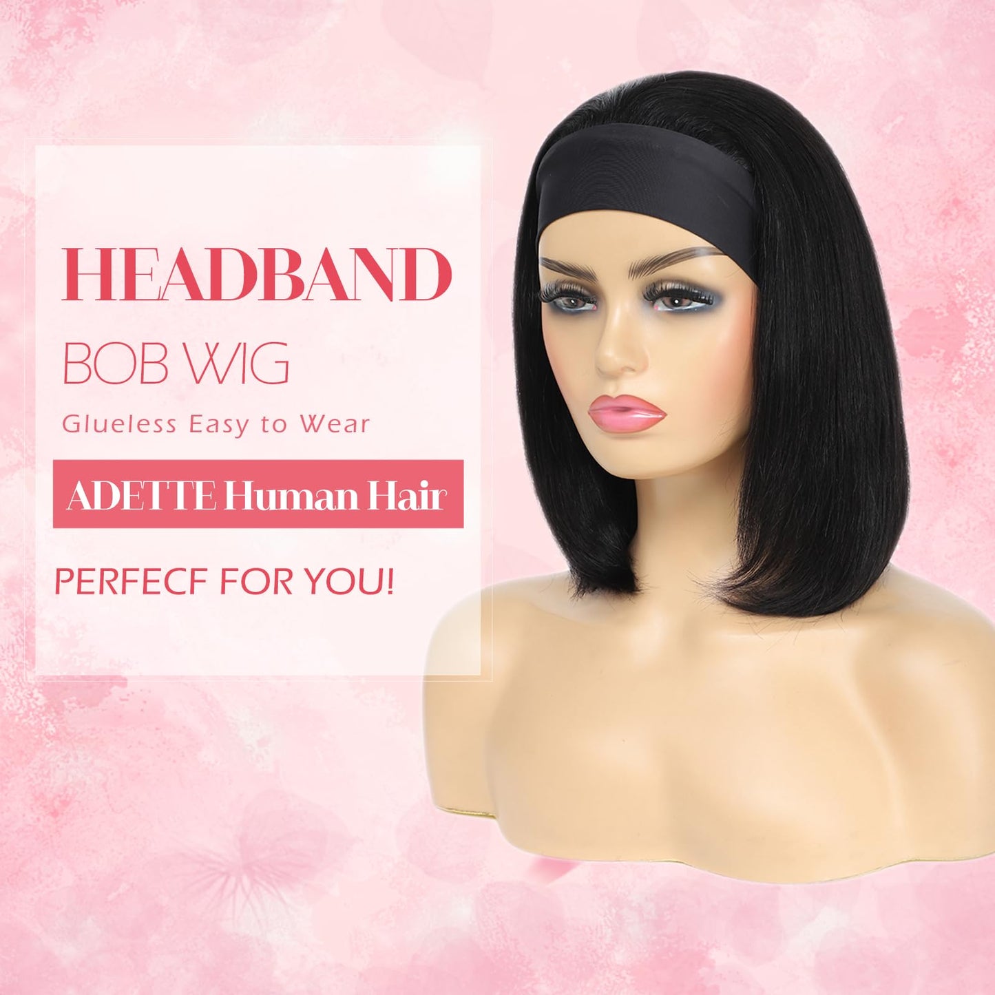 Adette Bob Human Hair Headband Wigs Straight Headband Wigs For Black Women Short Bob Human Hair Wigs Color 1B Natural Black None Front Lace 150% Density Brazilian Human Hair Headband Wig (10")