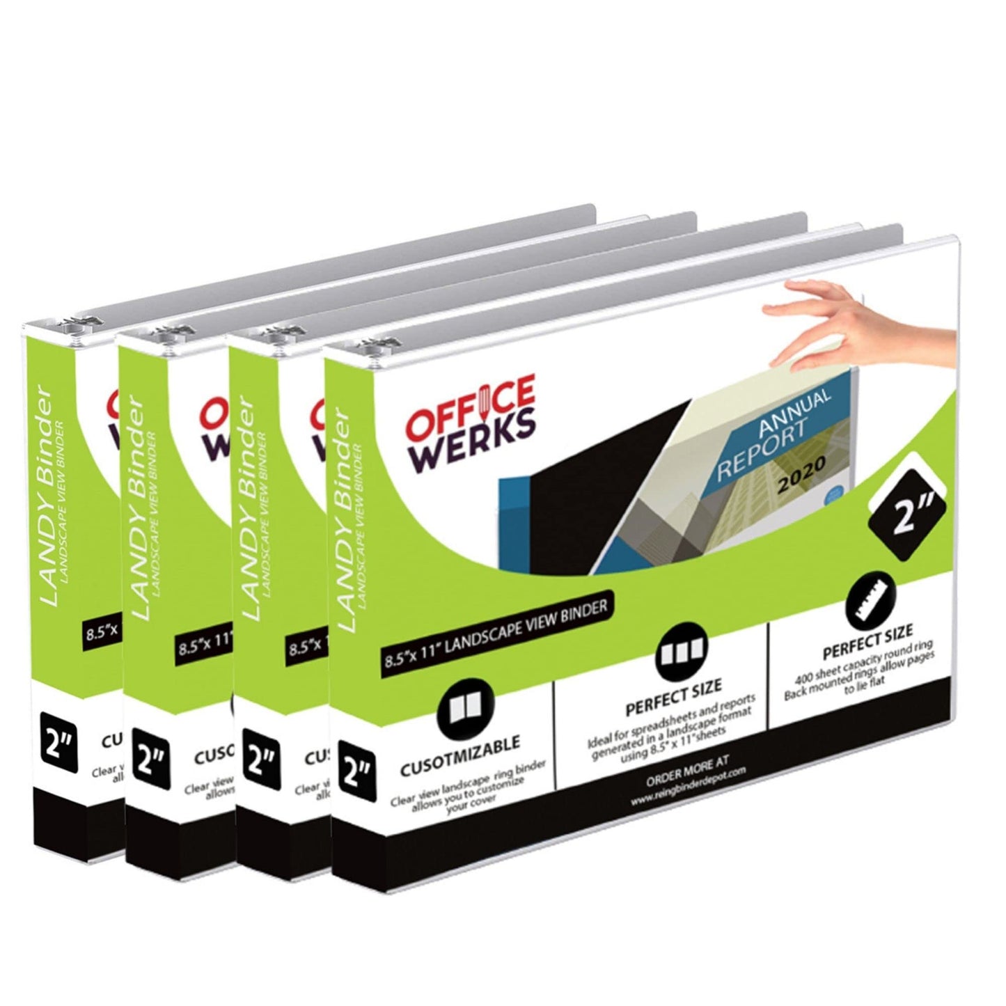 4 Pack of 8.5" X 11" Landscape View 3-Ring Binder 2 Inch Capacity Round Ring, White Horizontal Formatted with Clear Cover Pockets for Documents, Spreadsheets, Projects and More