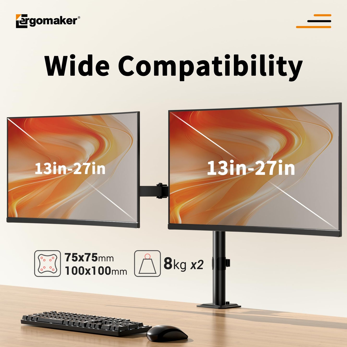 ERGOMAKER Dual Monitor Arm, Adjustable Dual Monitor Mount, Duty Dual Monitor Stand for Desk for 2 Computer Monitors up to 27", Double Monitor Mount for LCD Screens