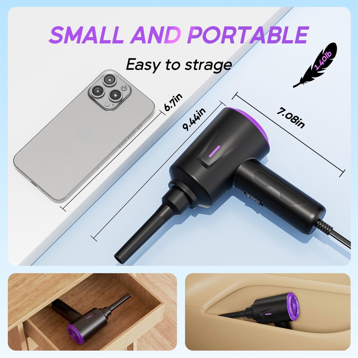 Goweto Electric Air Duster - Air Blower - Multi-Use Compressed Air Duster for Keyboard- Computer and PC - 5.74 oz Powerful Motor (Purple)
