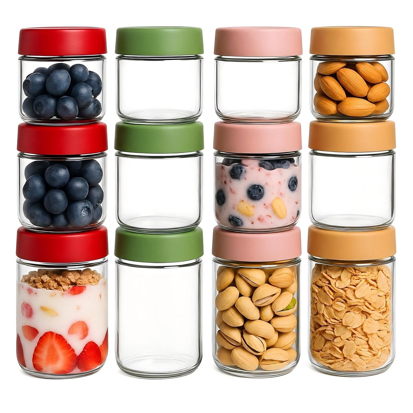TBWIND 12 Pack 4oz 10oz 16oz Glass Jars with Lids, Wide Mouth Mason Jars, Overnight Oats Containers with Airtight Lids, Salad, Yogurt Storage, Chia Pudding, Snacks, Meal Prep, Sugar - Reusable