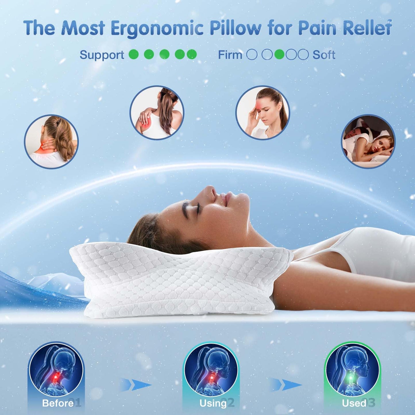 Vuteehy Cervical Pillow for Neck Pain Relief, Memory Foam Cooling Pillow Ergonomic Neck Support Pillows for Side, Back, Stomach Sleepers - Odorless & Breathable