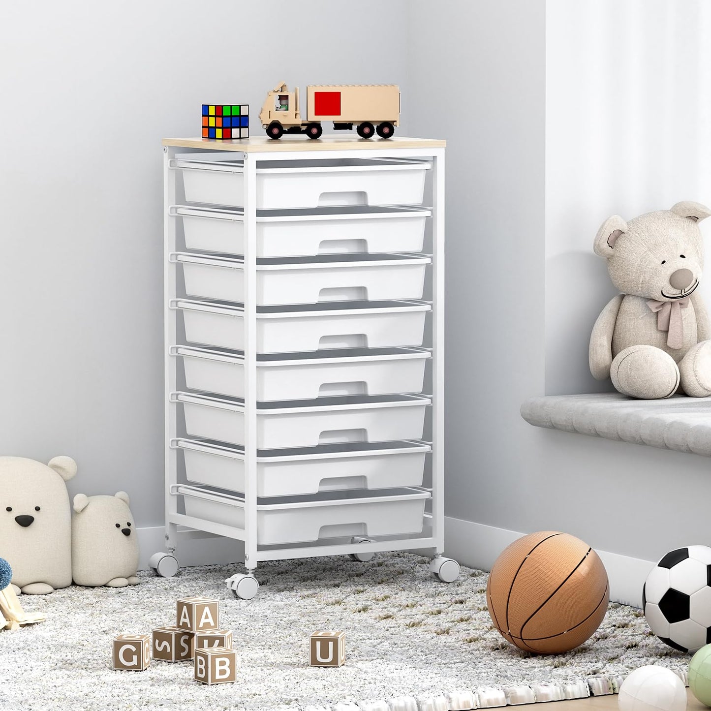 SYKIARIOL Utility Cart with 8 Drawer,Rolling Storage Cart with Wooden Tabletop and Lockable Wheels,Storage Drawer Cart with Large Capacity, 8 Tiers Drawer Cart for Home Office,Nature White