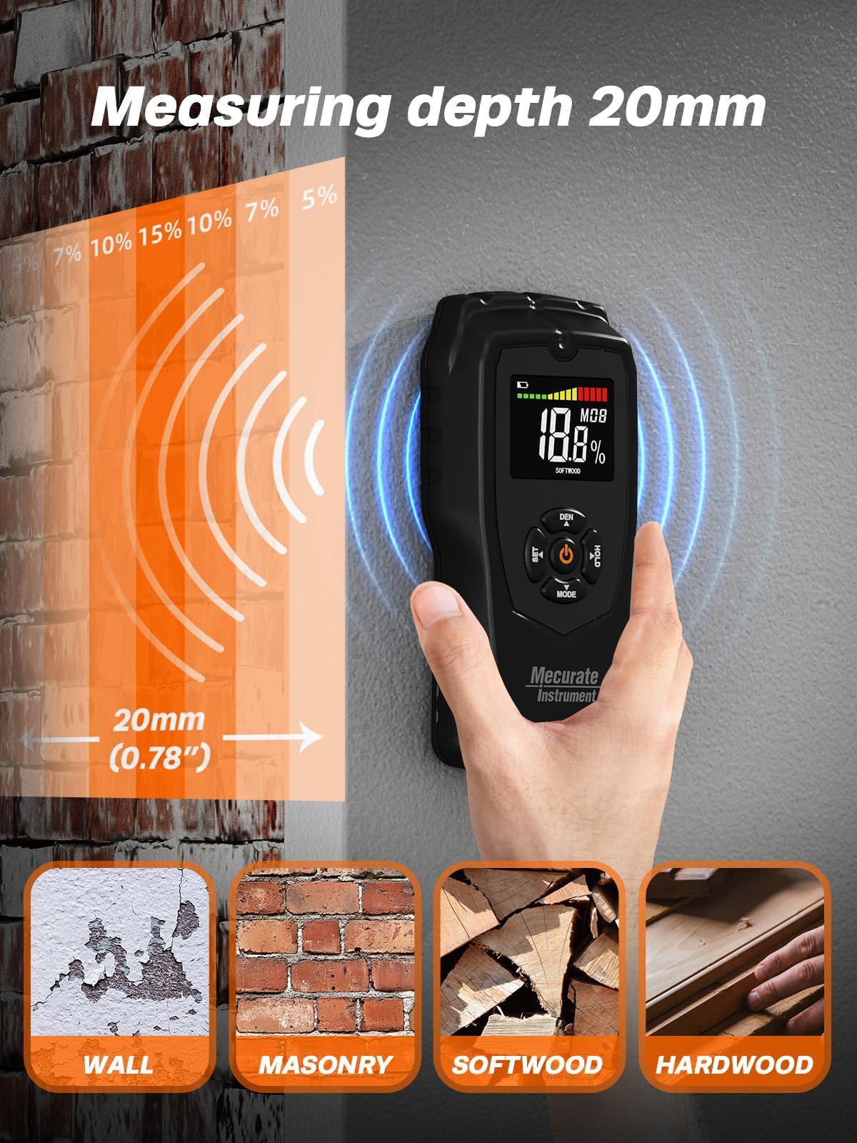 Pinless Moisture Meter, Moisture Detector for Walls, Caravan, Wood and Building Material, 4 Mode 9 Density Settings, Non-Destructive Moisture Detector with Backlit LCD and Alerts
