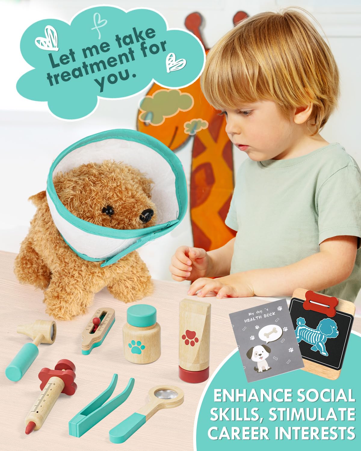 Lehoo Castle Wooden Doctor Kit for Kids, Vet Play Sets, Veterinarian Kit for Toddlers, Kids Doctors Play Set with Dog Bag, Medical Doctor Toys Gift for Boys Girls Aged 3 4 5 6 7