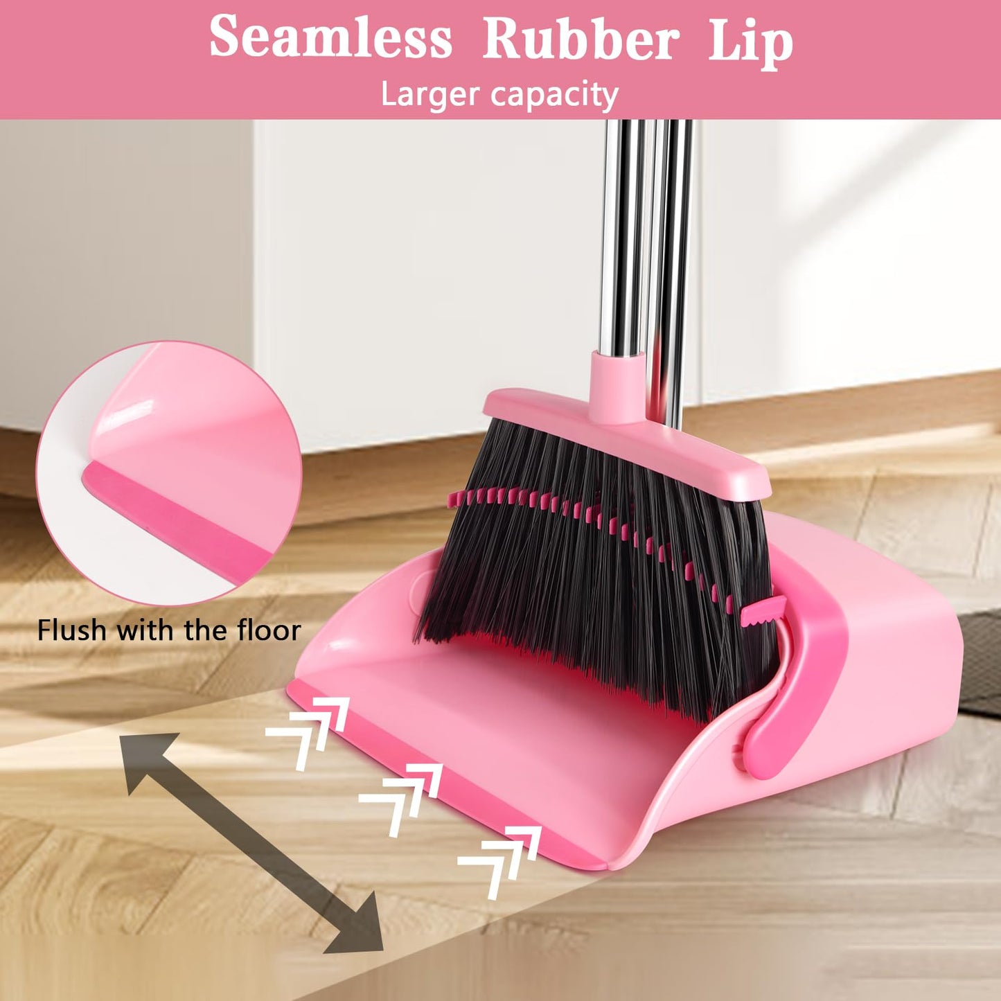 XXFLOWER Broom and Dustpan Set, Dustpans with Broom Combo with Long Handle Adjustable Length for Home, Kitchen,Office,Indoor(Pink)