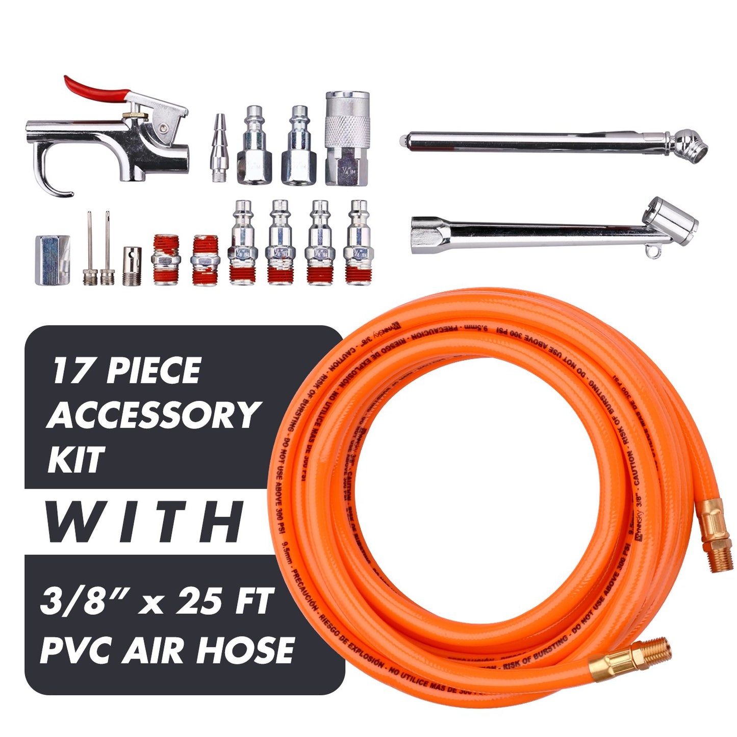 WYNNsky 3/8" X 25ft PVC Air Compressor Hose Kit with 17 Piece Air Tool and Air Compressor Accessories Kit