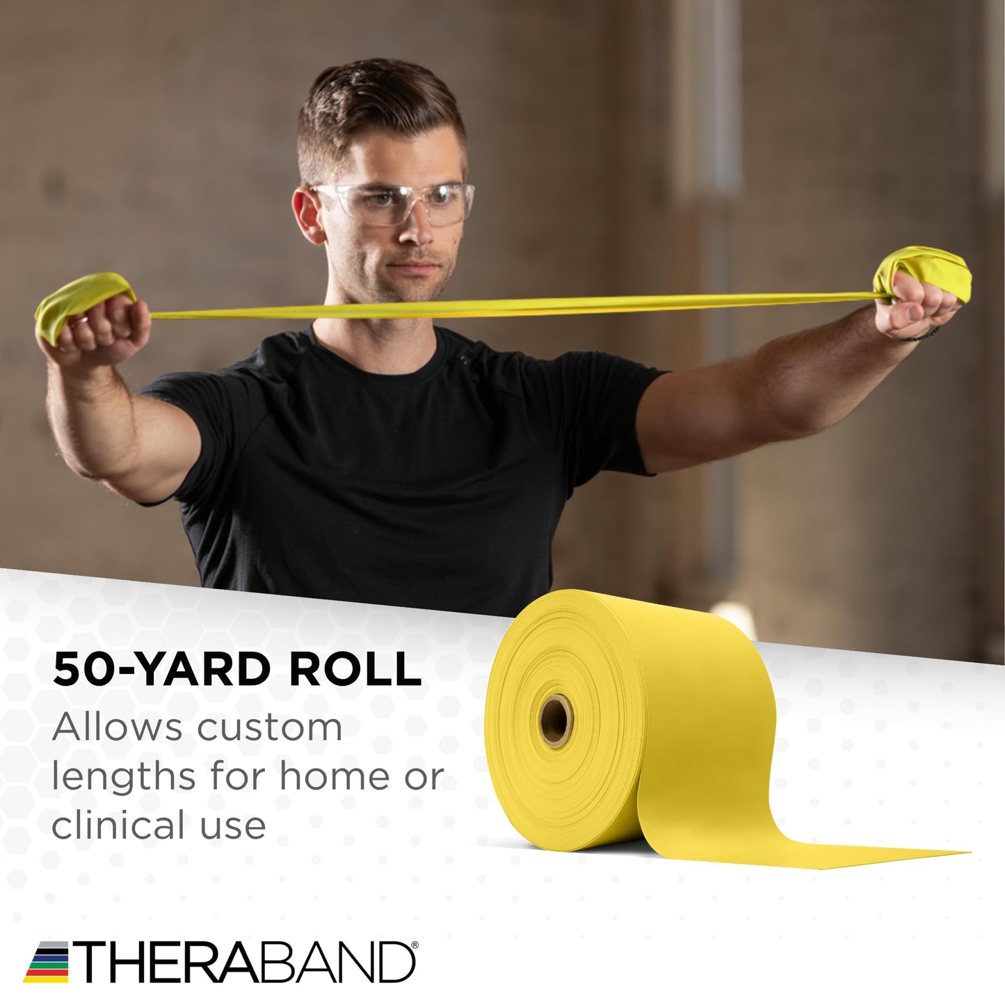TheraBand Resistance Band 50 Yard Roll, Thin Yellow Non-Latex Professional Elastic Bands for Upper & Lower Body Exercise, Physical Therapy, Pilates, & Rehab, Dispenser Box, Beginner Level 2
