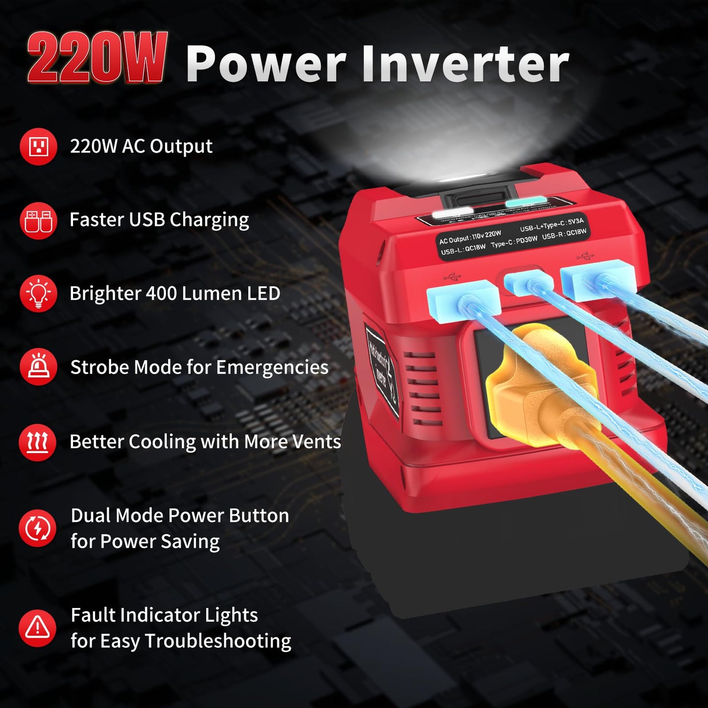 220W Power Inverter Compatible with Milwaukee 18V Battery Inverter DC 18V to AC 110V, 2 USB-A & 1 Type-C & 1 AC Outlet, 400 Lumen (Battery Not Included)