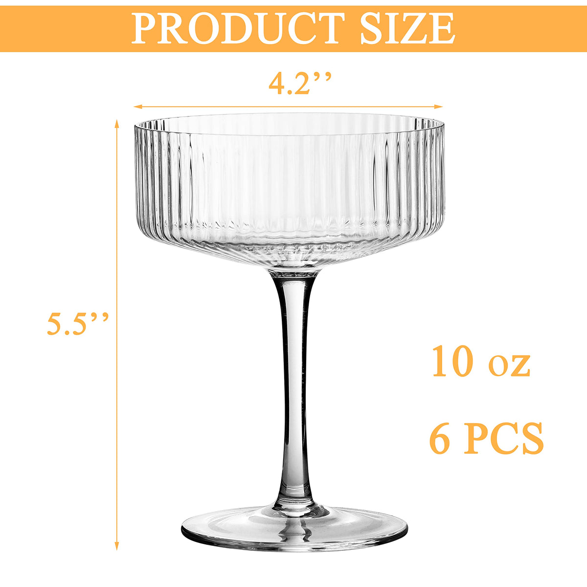 VIFVOR 6 Pcs Ribbed Coupe Cocktail Glasses, 10 oz Classic Old Styling Martini Glass Set with Gift Box Packaging Elegant Hand Blown Manhattan Goblet for Cocktail, Champagne, Bar and Gift (6)