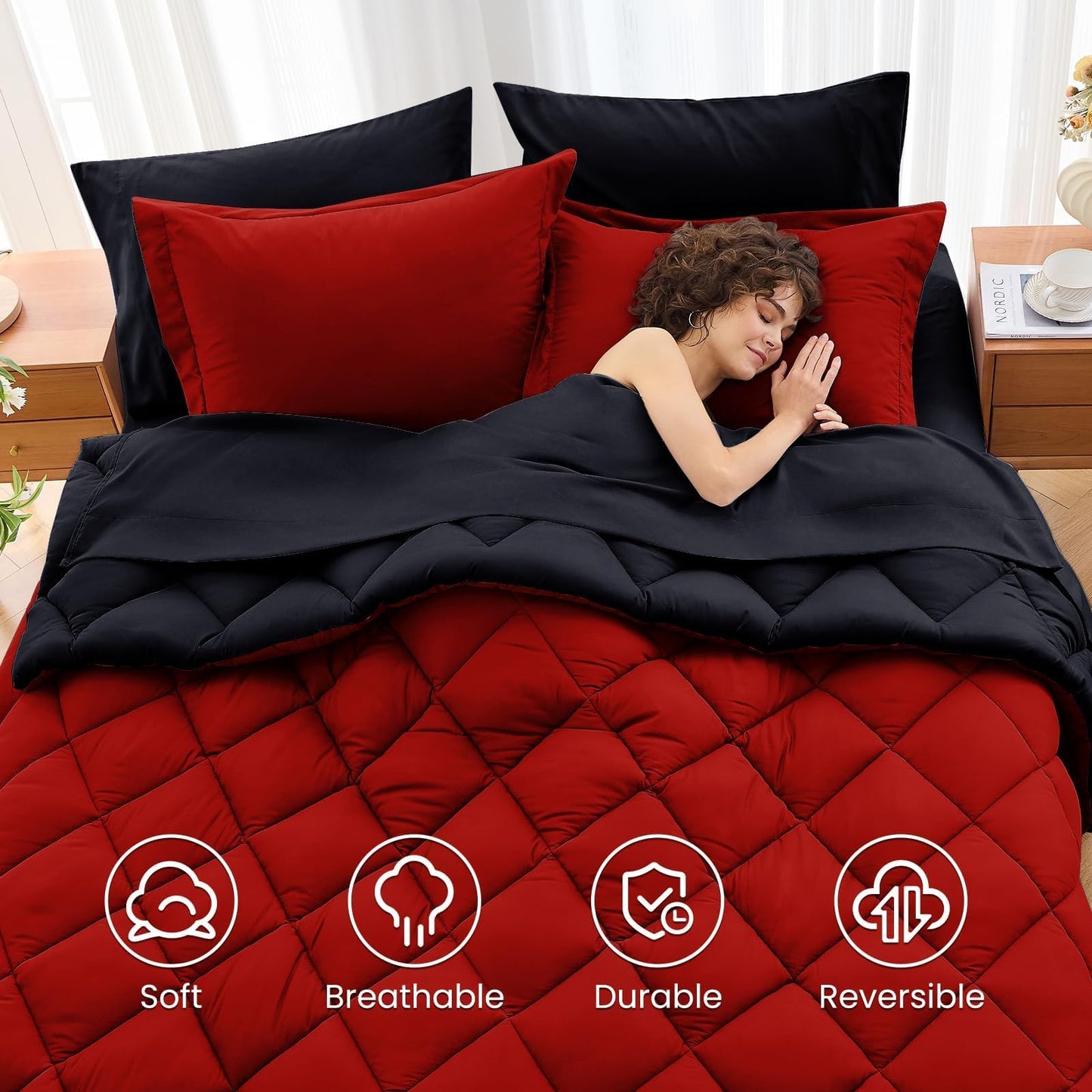 MUXHOMO 7 Pieces King Size Comforter Set, Reversible Bed in a Bag King, All Season King Bedding Set with Comforter, Flat Sheet, Fitted Sheet, Pillowcases & Shams, Red & Black