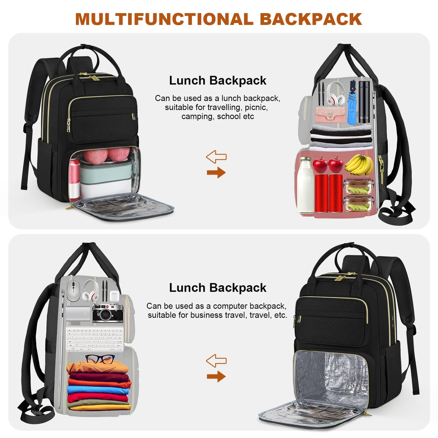 Lunch Backpack for Women Men 15.6 in Laptop Backpack with Insulated Bag Travel Backpack TSA Approved for Business School