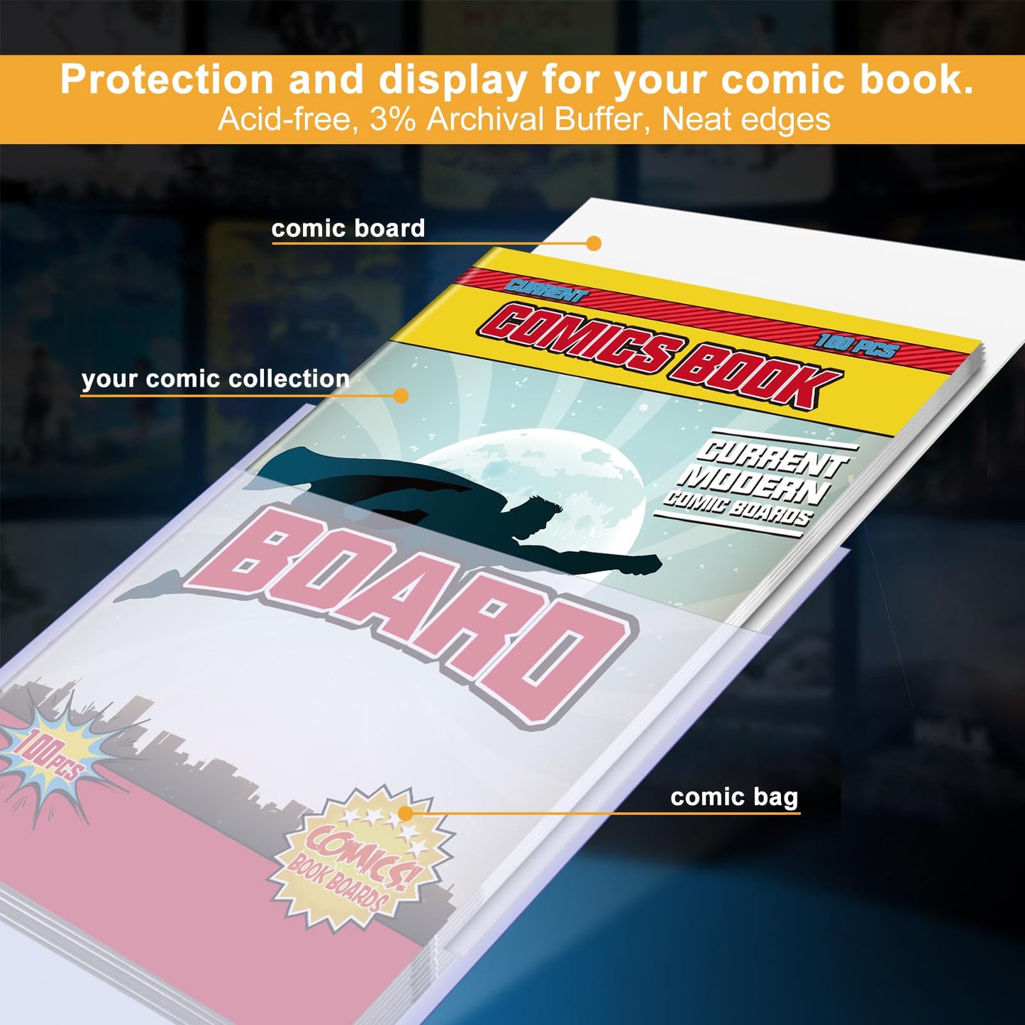 KKU 200 Count Comic Book Bags and Boards, Crystal Clear Acid Free Comic Bags and Boards, Book Storage