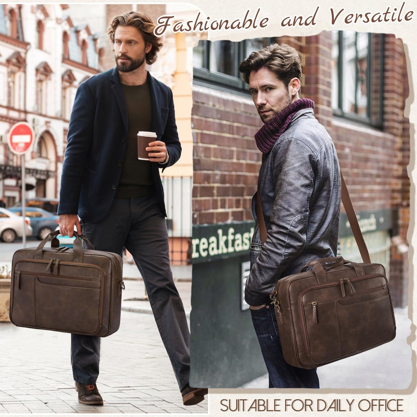 RAINSMORE Messenger Bag for Men 16 Inch Laptop Bag Vintage Leather Laptop Bag Waterproof Computer Briefcase Retro Satchel Bag Brown