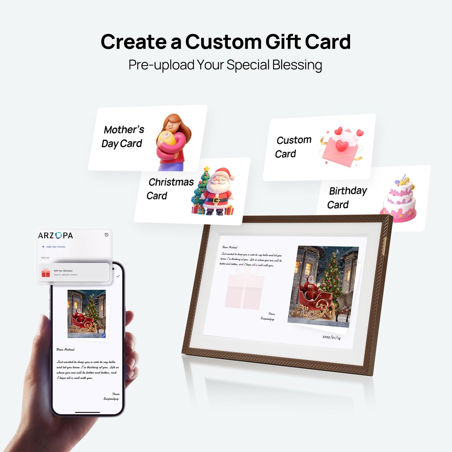 ARZOPA WiFi Digital Picture Frame 10.1" HD IPS Touch Screen Smart Photo Frame Electronic Free Arzopa App Custom Picture Frame for Gifting Easy Share Unlimited Photos Videos from Anywhere - D10 Brown