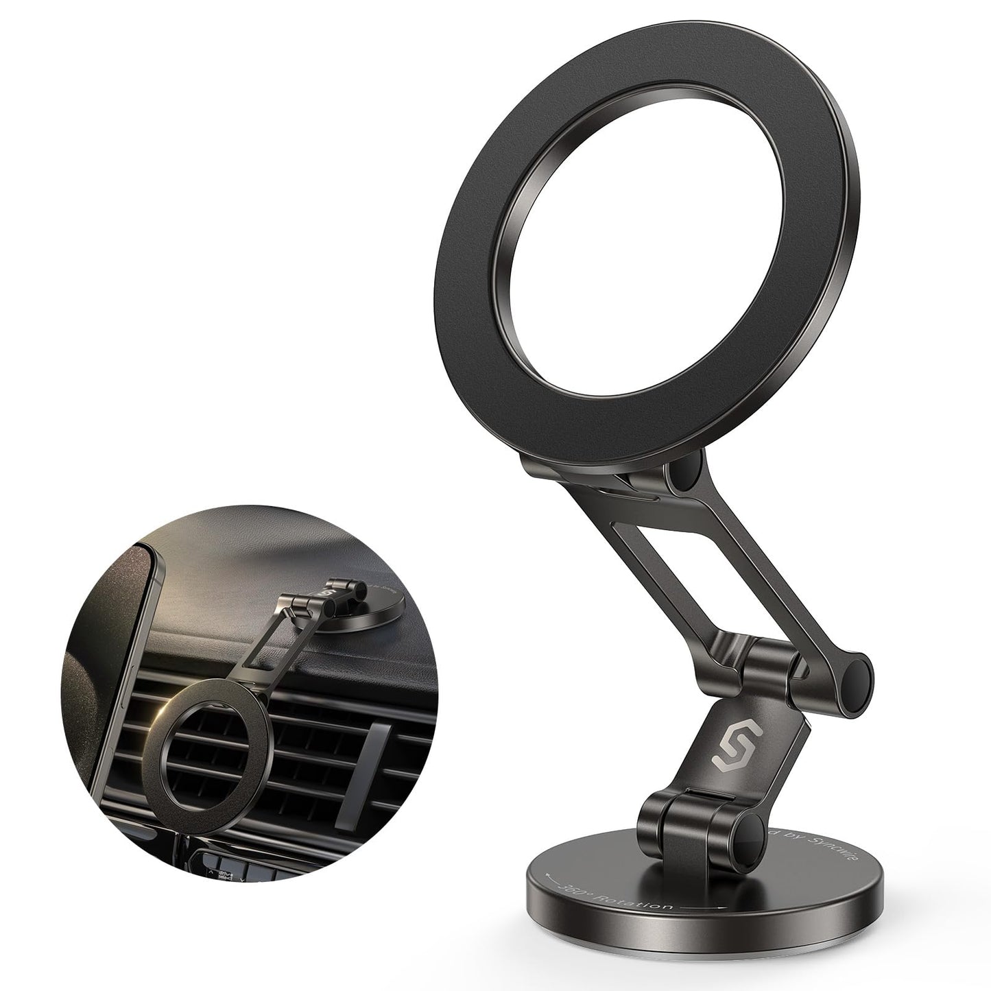 Syncwire Fits MagSafe Car Mount for Car Dash [All-Metal] Magnetic Phone Holder, [Flexible Three-axis] 360° Rotation Car Mount Strong Magnets Car Phone Holder for iPhone 17 16 15 14 13 Pro Max