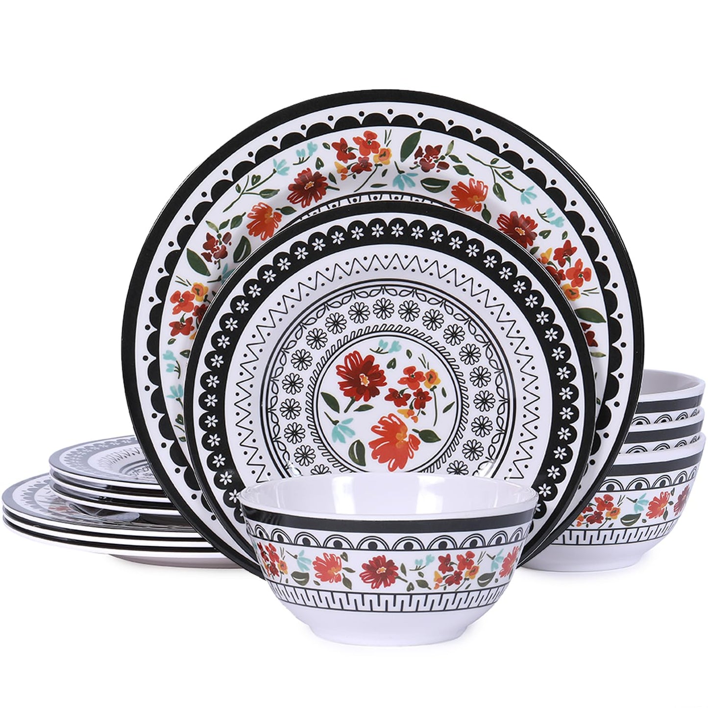 Gofunfun 12-Piece Melamine Dinnerware Sets,Unbreakable Dinnerware for Indoor and Outdoor Use, Dishwasher Safe, Lightweight Dinner Service for 4, Black and White, Retro Flower, ZS-DM011