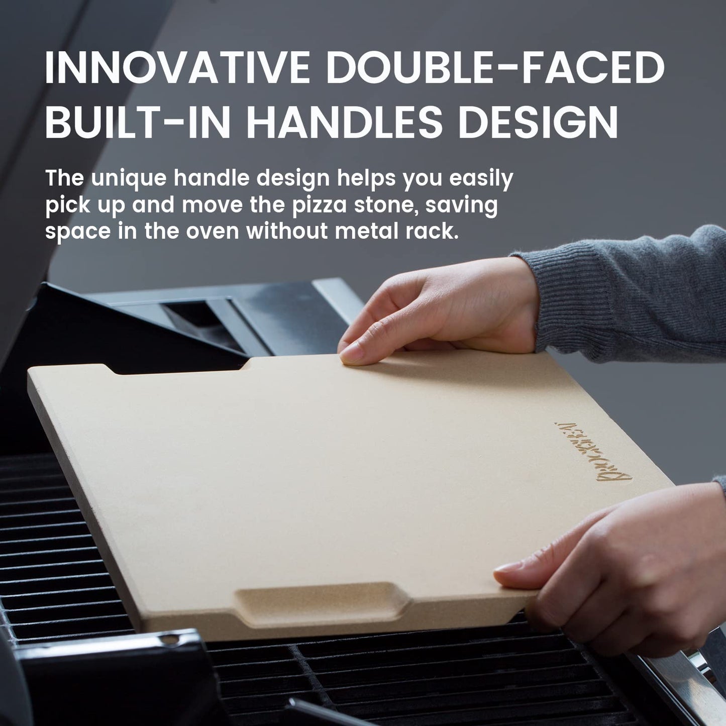 ROCKSHEAT Pizza Stone Made of Cordierite for Pizza & Bread Baking Grilling. Perfect for Oven or Grill. Innovative Unique Double - Faced Built - in 4 Handles Design (Rectangular 12"x15"x0.63")