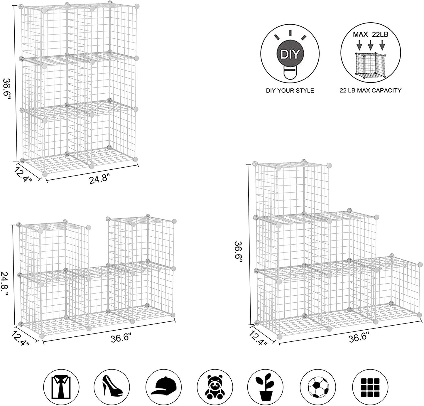 C&AHOME Wire Storage Cubes, Metal Grids Book Shelf, Modular Shelving Units, Stackable Bookcase, 6 Cubes Closet Organizer for Home, Office, Kids Room, 36.6”L x 12.4”W x 36.6”H White