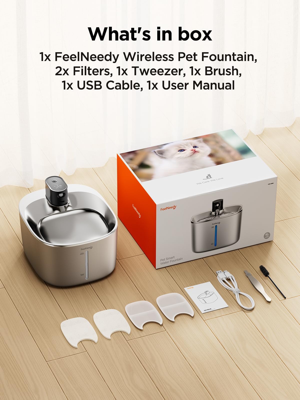 FEELNEEDY Cat Water Fountain Battery Operated, 4L/135 fl oz Stainless Steel Pet Water Fountain for Cats and Dog with Motion Sensor, Wireless Ultra Quiet Cat Drinking Fountain Waterfall with 2 Filters Replacement (YPD-C004S)