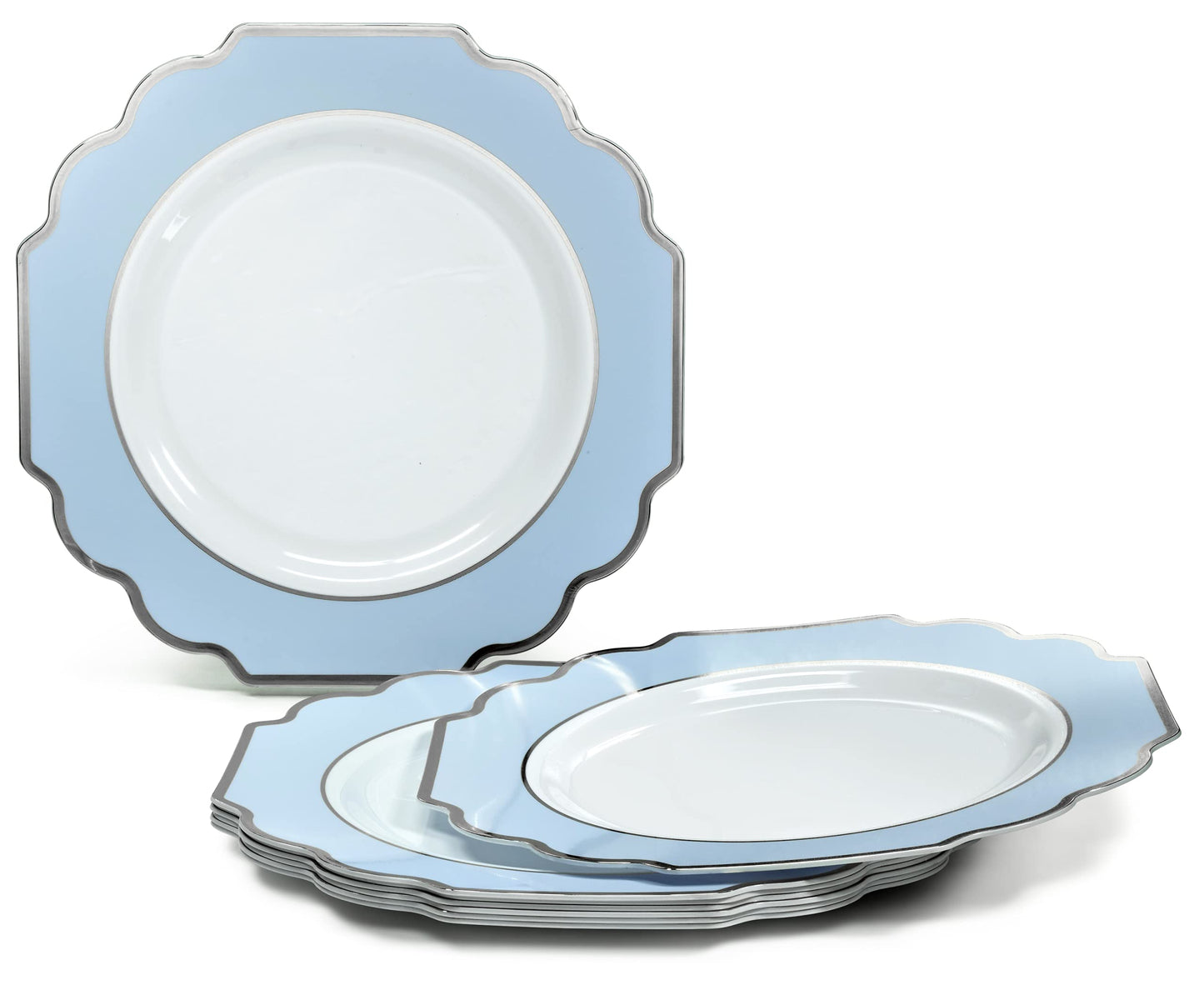 " OCCASIONS " 120 Plates Pack,(60 Guests) Heavyweight Premium Wedding Party Disposable Plastic Plates Set -60 x 10.5'' Dinner + 60 x 8'' Salad/Dessert (Imperial in White/Blue & Silver)