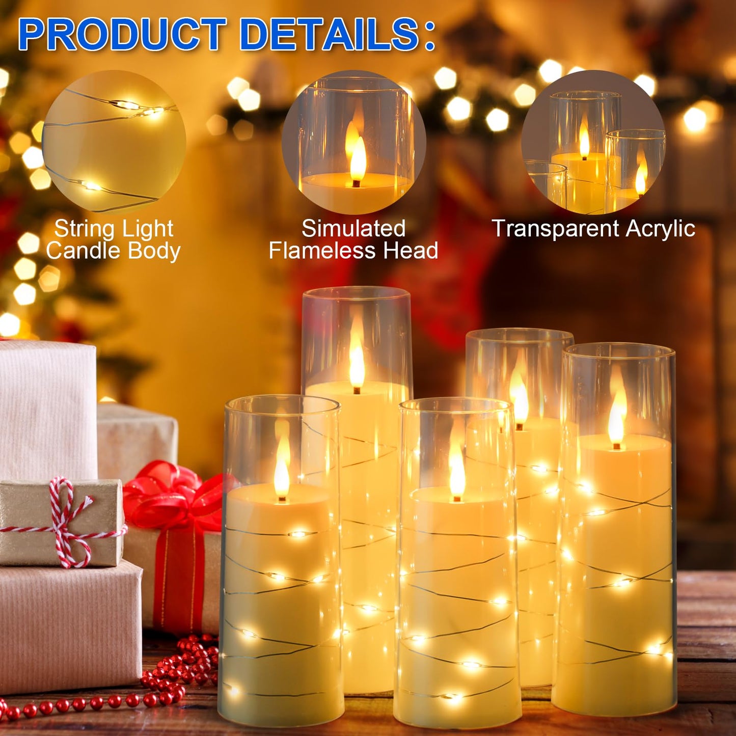 Liomus Flickering Flameless Candles, LED Pillar Canldes with String Light,Battery Operated Remote Control Timer Flameless Candles for Wedding Christmas Home Decor Set of 7 (D2.3in*H5 6 7in) (Ivory)